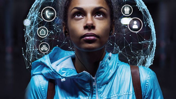 A woman surrounded by a glowing network of connection and safety icons — visualizing a discreet device that summons help anywhere.