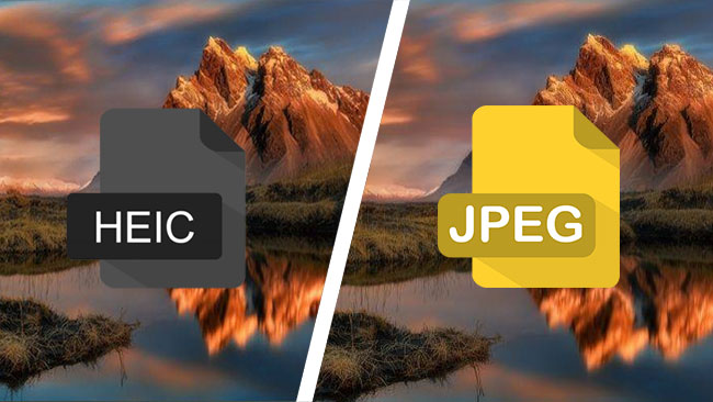 A mountain landscape split down the middle — a grey HEIC file badge on the left, a yellow JPEG file badge on the right.